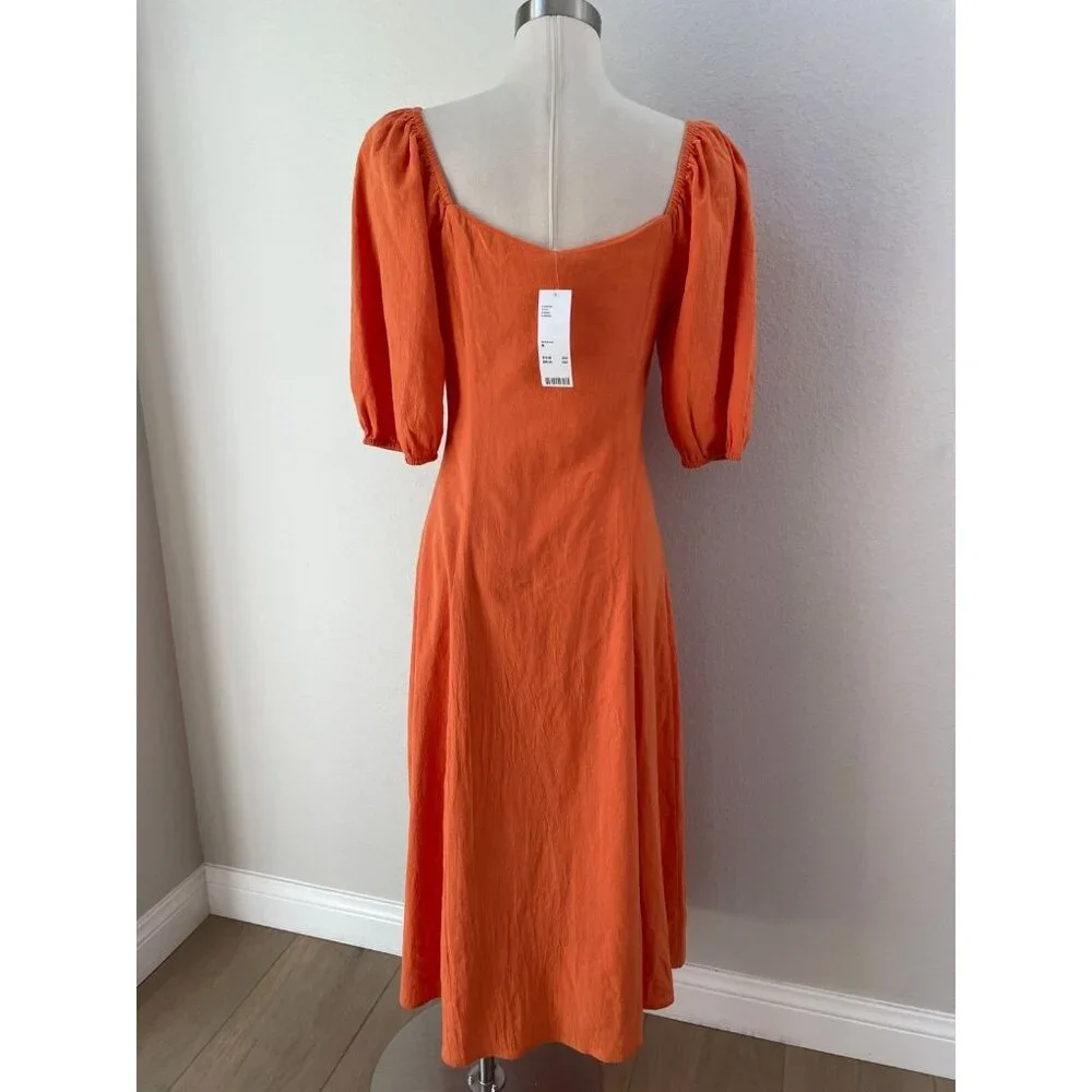 NEW $79 Urban Outfitters Womens Medium Orange Puff Sleeve Button‎ Up Midi Dress